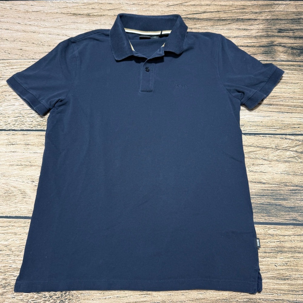 BOSS Pallas Polo Shirt Men Medium Navy Blue Short Sleeve Cotton Pique Logo